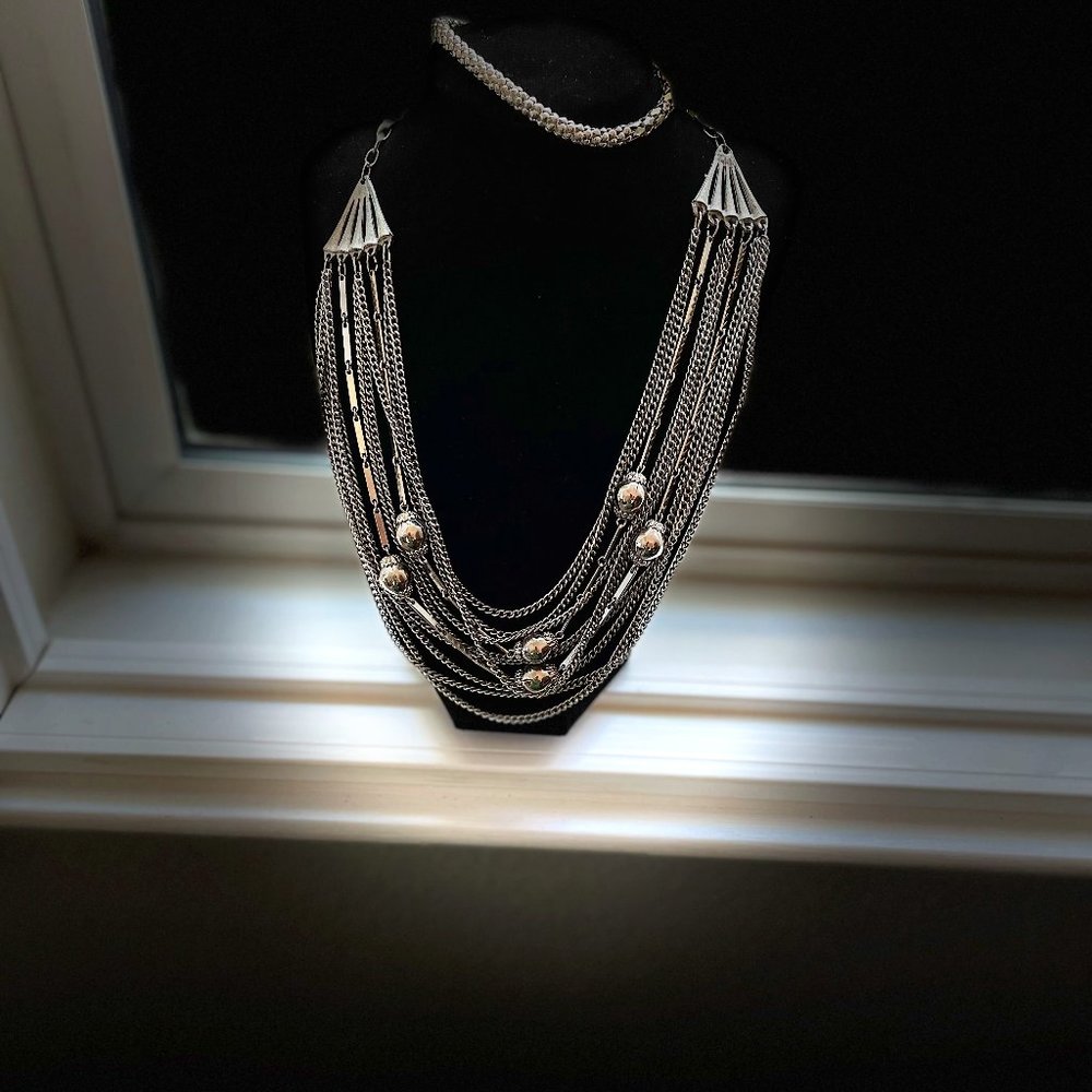 2 ITEMS VTG 7 layer silver tone bobble necklace  & delicate mesh silver bracelet